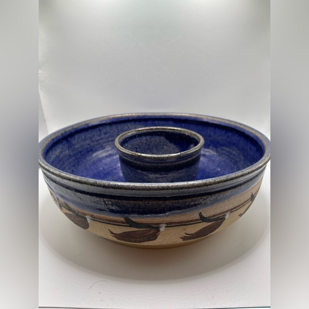 Hand Thrown Pottery Chip And Dip Bowl; Artist Signed; Cobalt Blue